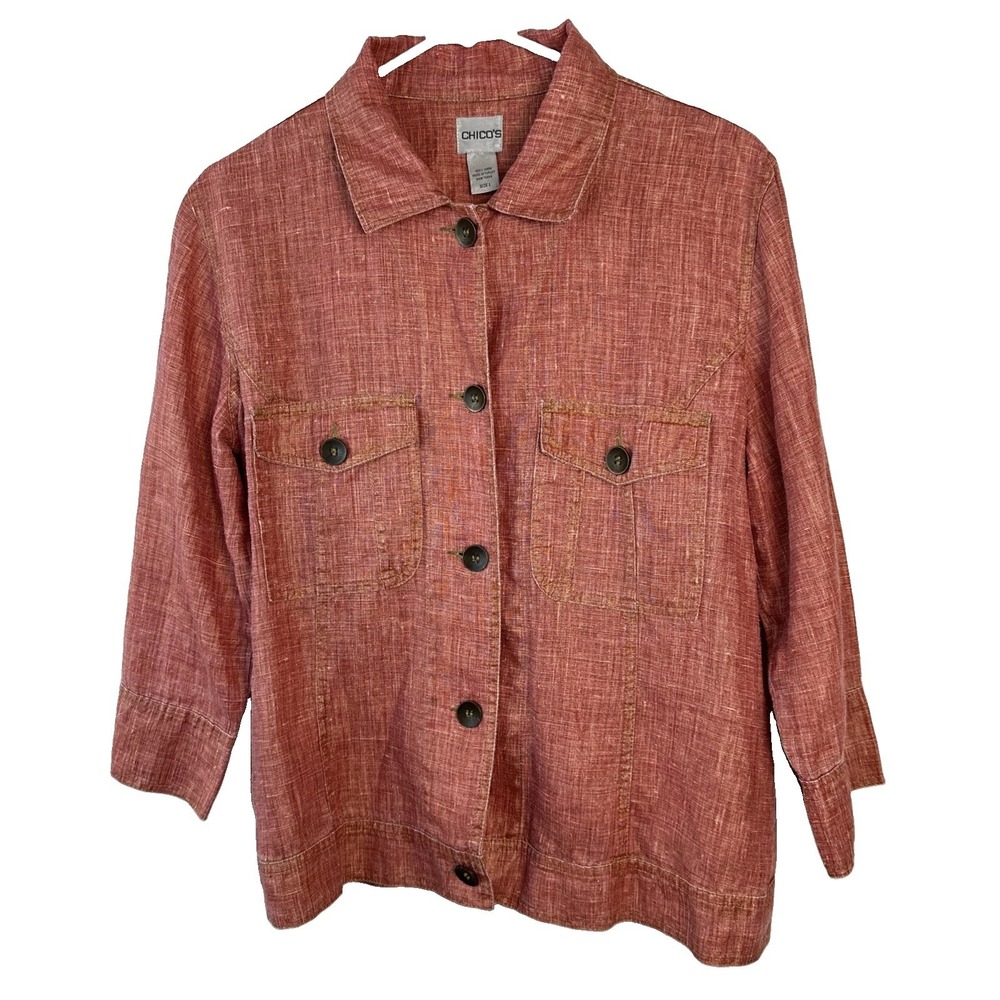 Chico's Coral Linen Jacket Women's size 1 (Medium) 3/4 Sleeves